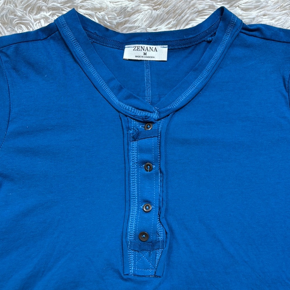 Zenana Henley Raw Seam Top 💗 Blue - Picture 7 of 16